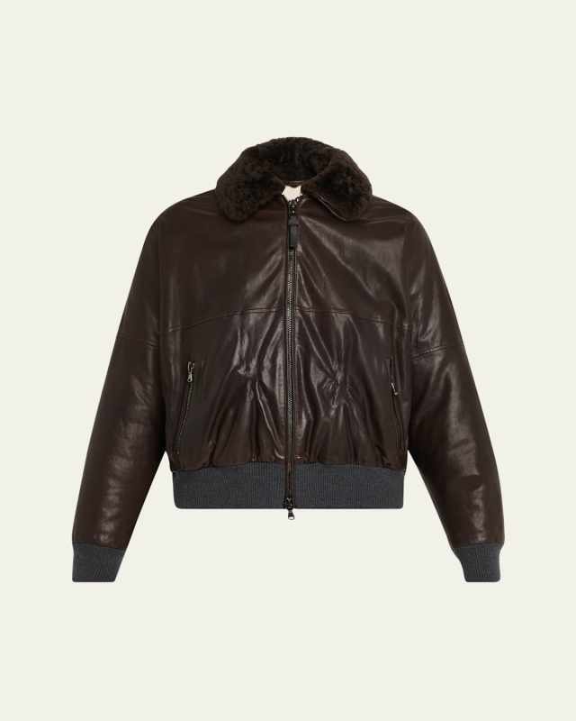 Leather Biker Jacket with Removable Shearling Collar
